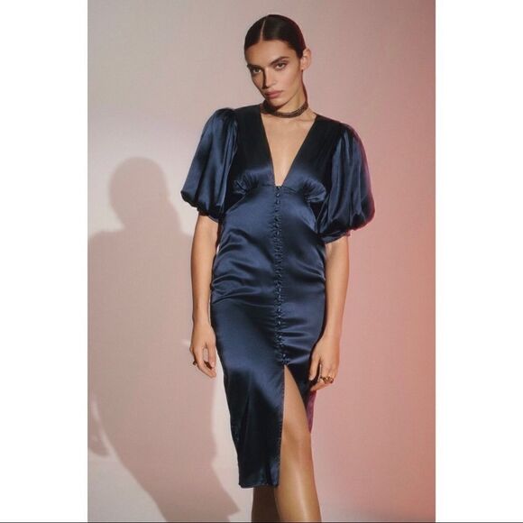 NEW Anthropologie Magali Pascal Black Puff-Sleeve Shimmer V-Neck Dress Medium - Picture 2 of 4